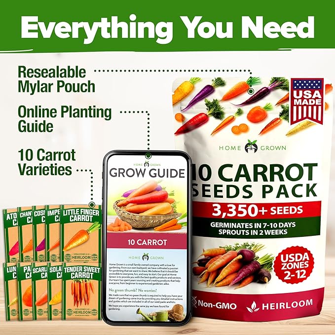 HOME GROWN Rainbow Carrot Seeds 10 Variety Mix 3350+ Heirloom Non-GMO Seeds for Planting, High Germination, Multi-Color Gourmet Root Vegetables, Kids Garden, Crunchy Fresh Eating (Daucus carota)