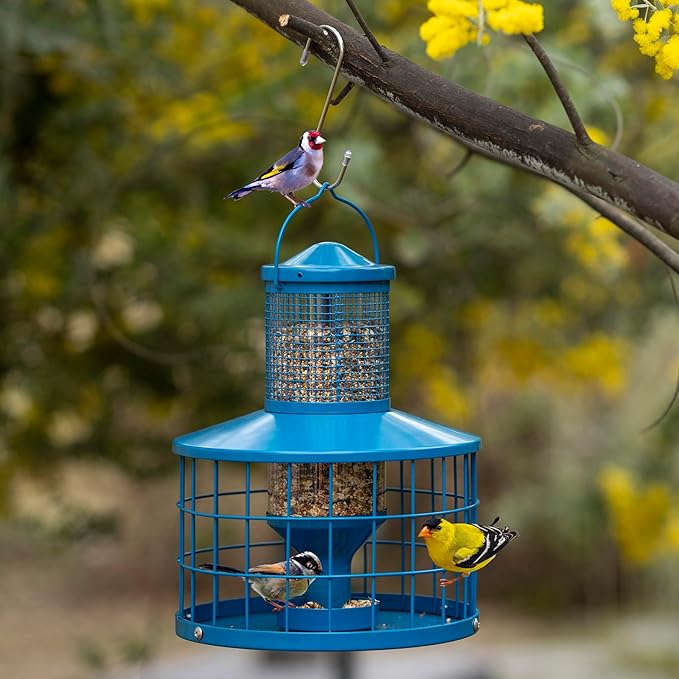 Caged Bird Feeders Squirrel-Proof, Metal, 2.8 Lbs Capacity-Cage Tube Seed Feeders with Tray Outdoor Hanging, Attract Birds,Detachable Cleaning, Starling Proof Wild Bird Feeder(Blue)