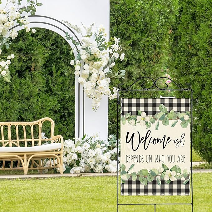 Artofy Welcome-ish Depends on Who You Are Large Decorative House Flag, Funny Family Buffalo Plaid Botanical Yard Garden Outside Decor, Humorous Burlap Outdoor Home Decoration Double Sided 28 x 40