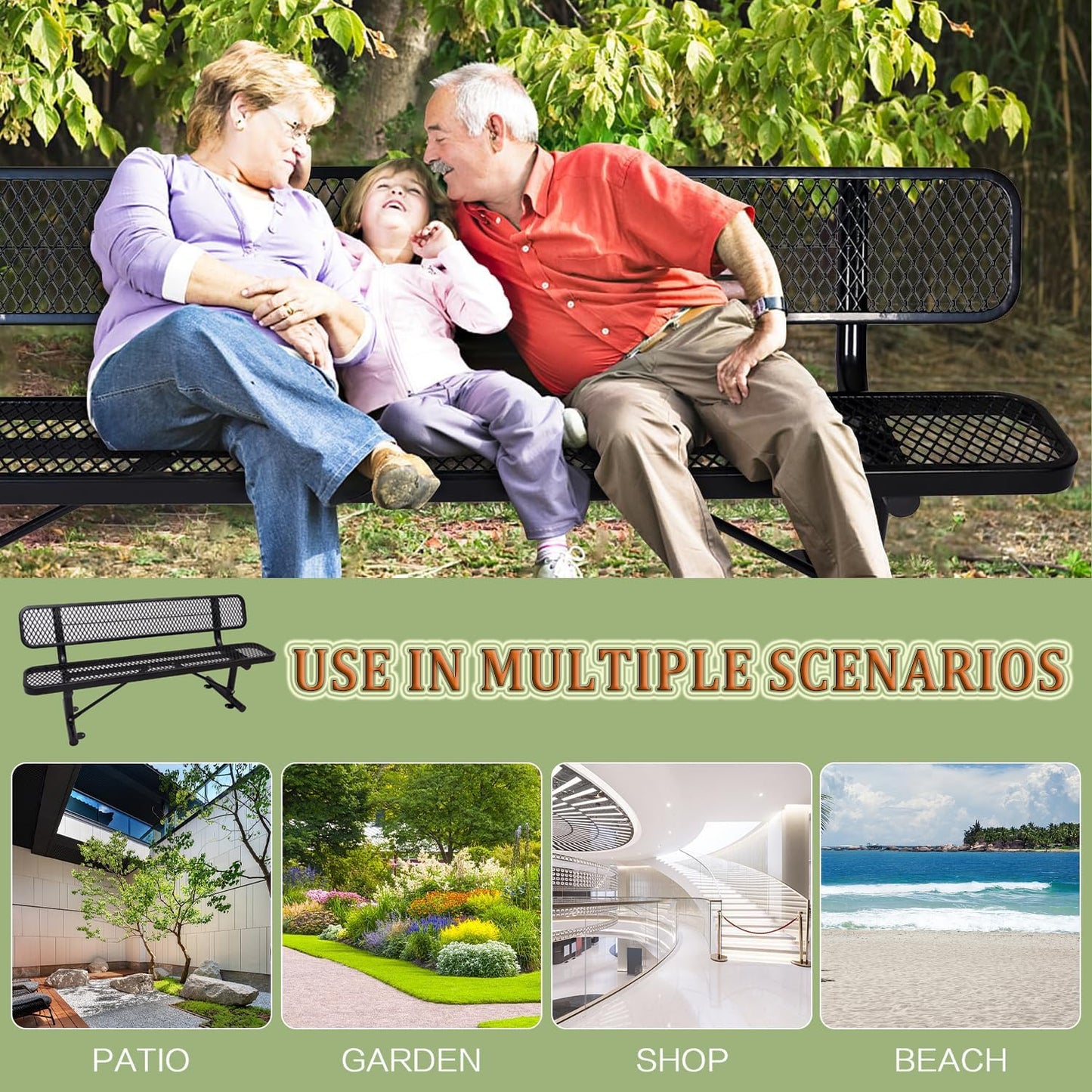 4/6/8 Feet Park Bench for Outside Heavy Duty Metal, Garden Benches Outdoor Bench with Backrest & Portable Frame, for Shopping Malls Stores Parks Patios Decks, Black