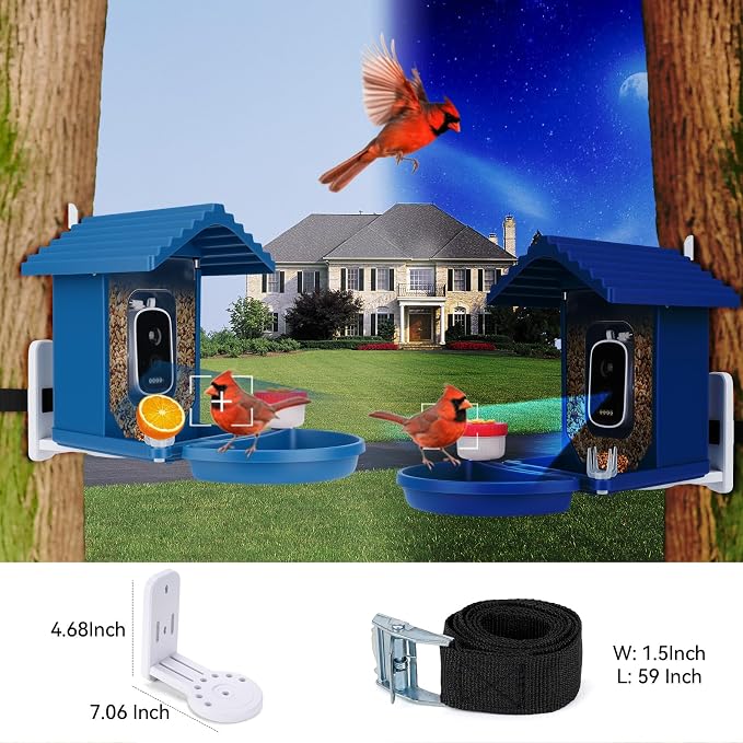 Bird Feeder with Camera Solar Powered,2.5K HD Video Bird House Live View,Smart AI Bird Species Identification for Outside Garden,Birds Bath,Ideal Gift for Birds Lover,Hummingbird (Blue) | Equipped with advanced night vision that captures clear footage ...