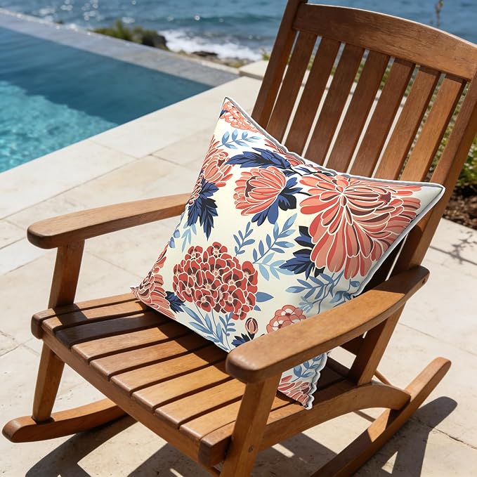 LVTXIII Outdoor Throw Pillows 18x18 Patio Waterproof Square Pillows with Piping Fade Resistant Accent Pillow for Spring Summer Garden Decoration, Set of 2, Red Chrysanthemum