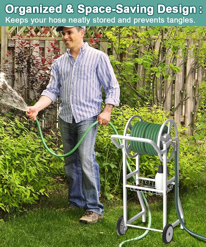 Artigarden Garden Hoses Reel Cart with Wheels, Outdoor Heavy Duty Powder Coated Steel Water Winder Storage Holds 125 ft 5/8" Hose with 3.9ft Leader Hose and Basket for Backyard, Yard, Lawn, White
