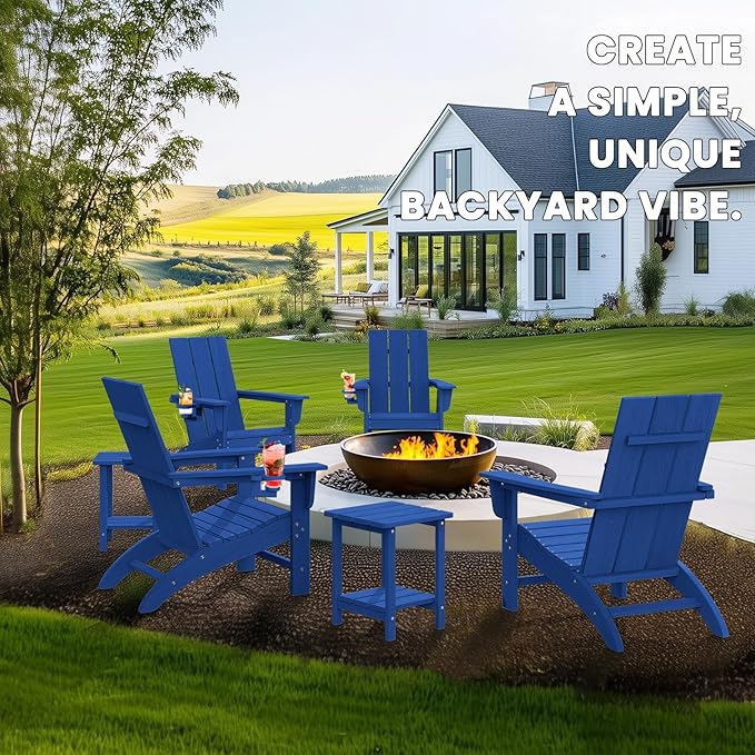 Modern Adirondack Chairs Set of 8, HDPE Plastic Patio Chairs for All Weather, Fire Pit Chair, Outdoor Lawn Chairs for Deck, Porch, Backyard, Garden, Navy Blue