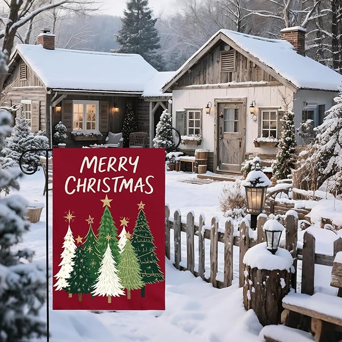 Merry Christmas Garden Flag 12x18 Inch Dark Red Green Xmas Tree Holiday Winter Decorative Yard Flags for Outside Double Sided Seasonal Outdoor Home Farmhouse Decoration Porch New Year Decor