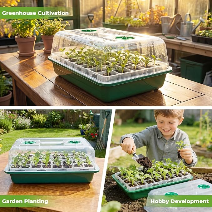 HIRALIY 40 Cell Seed Starter Tray Kits with Grow Light, Reusable Plant Germination Trays, Easy Transplanting, with Domes and Bases, for Starting Vegetable, Flower, Herb, Indoor Gardening, Greenhouse