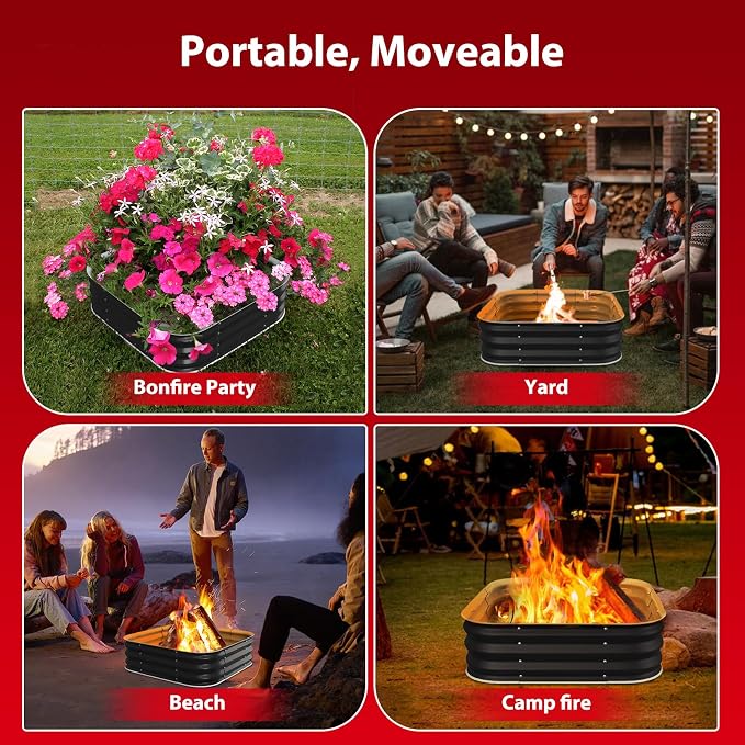 Height 11.5 Inch, Square Galvanized Steel Fire Pit for Outside, Heavy Duty Steel Fire Pit In-Ground for Backyard, Camping, Bonfire, Flower Raised Garden Bed for Garden (4X4X1 FT)