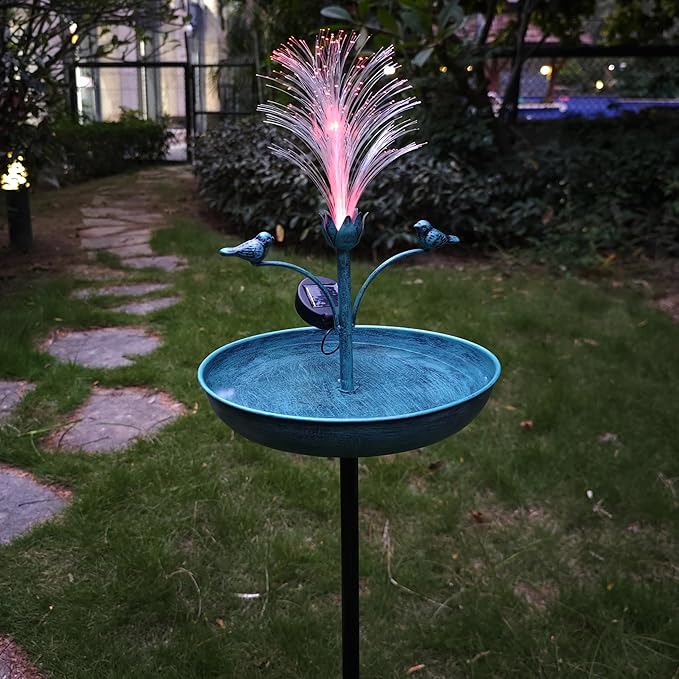 JOYBEE 43In Metal Solar Bird Bathtub with Optical Fiber -Bird Baths Feeder Bowl for Outside, Vintage Freestanding Birdbaths, Bird Baths Outdoor Stake for Garden Patio Yard Lawn Decor (Blue