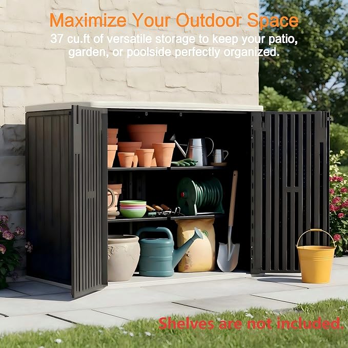 37 Cu. Ft Outdoor Storage Box, Waterproof Resin Shed with Lockable Lid, Horizontal Outdoor Storage Cabinet for Patio Garden Lawn Mower Bike Tools, Wood-Like HDPE Panels, Easy Assembly