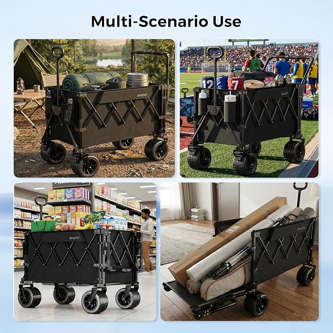 SUNNYFEEL 550LBS Collapsible Wagon Cart - Heavy Duty Push Pull Foldable Wagon with Dual Handles and Big Wheel,Utility Cart with Rear Tailgate for Camping, Fishing, Gardening, Shopping, Black