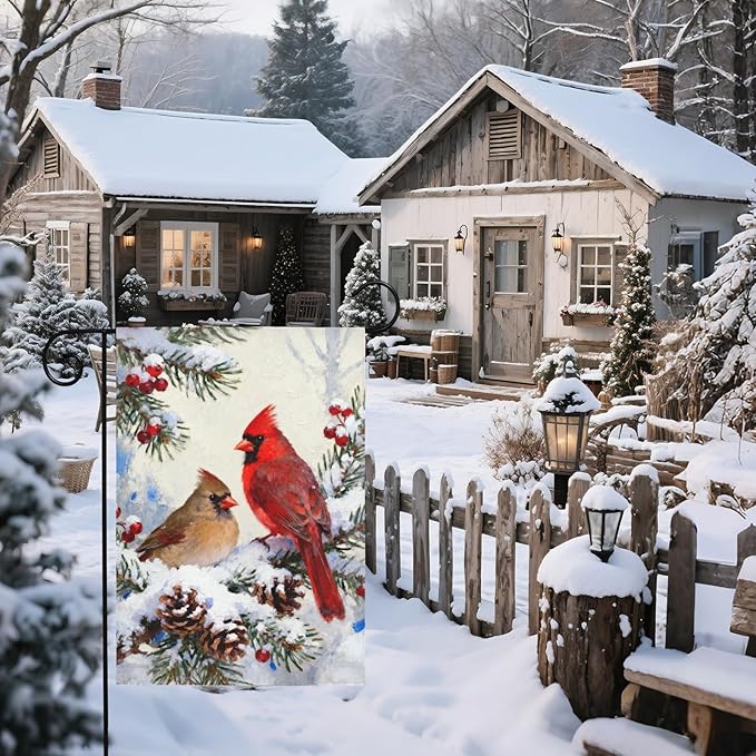 Winter Cardinal Garden Flag 12x18 Inch Pinecone Holly Christmas Snow Scene Holiday Decorative Yard Flags for Outside Double Sided Seasonal Outdoor Home Farmhouse Decoration Porch New Year Decor