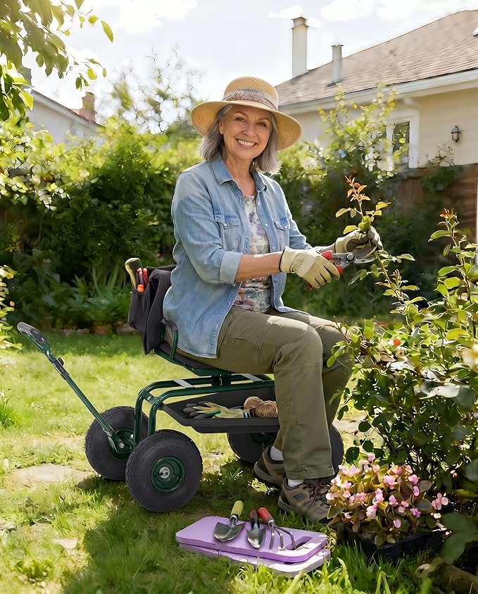 Rolling Garden Work Seat with Wheels, 360° Swivel Seat Gardening Cart with Extendable Steering Handle, Tool Tray and Storage Basket, 300 lbs Capacity, Gardening Stools for Patio, Yard, and Outdoors
