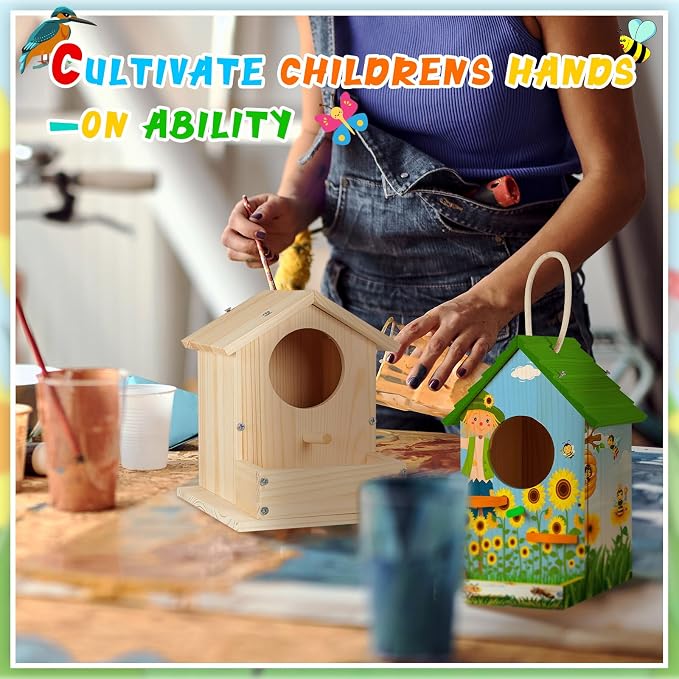 Juexica 8 Pack DIY Birdhouse Kits for Kids Ages 6+ Build and Paint Wooden Bird House Arts and Craft Project with Paint Strips Brushes for Boy Girl Adult Classroom Indoor Outdoor Crafts (Mixed)