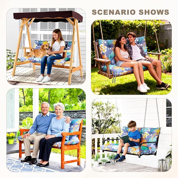 Porch Swing Cushion with Backrest,Waterproof Bench Cushion for Outdoor Furniture,2-3 Seater Replacement Thickened Swing Cushion with Ties,Patio,Outdoor,Backyard and Garden (Flower,40x40)