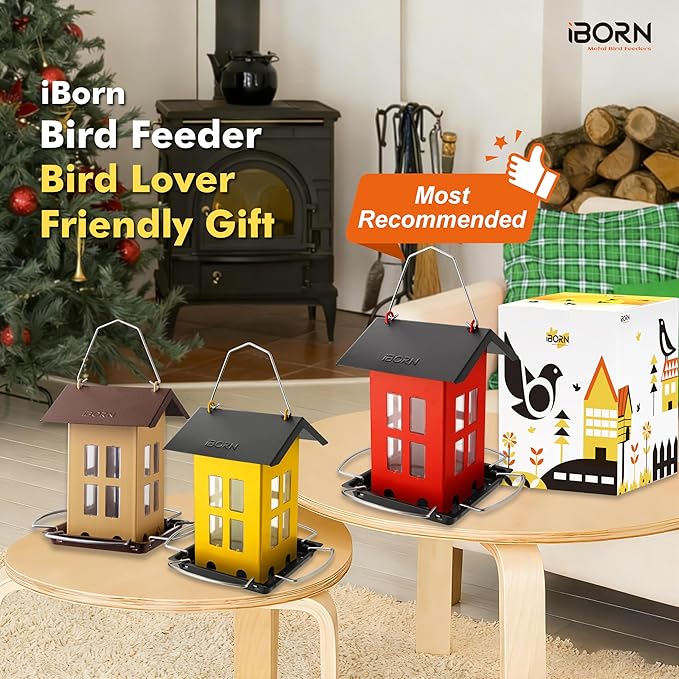 iBorn Bird Feeder House, Metal Bird Feeders for Outdoors Hanging,Double-Sided Metal Hanger & Weatherproof, Easy to Clean & Refill, 1.5 Lbs Capacity, Yellow