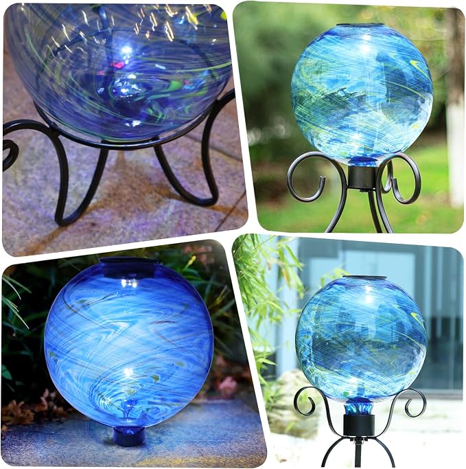 VCUTEKA Solar Gazing Ball, Glass Gazing Balls Sphere with Solar Light for Garden Lawn Outdoor Ornament Yard Decorative, Blue Swirl, 10"
