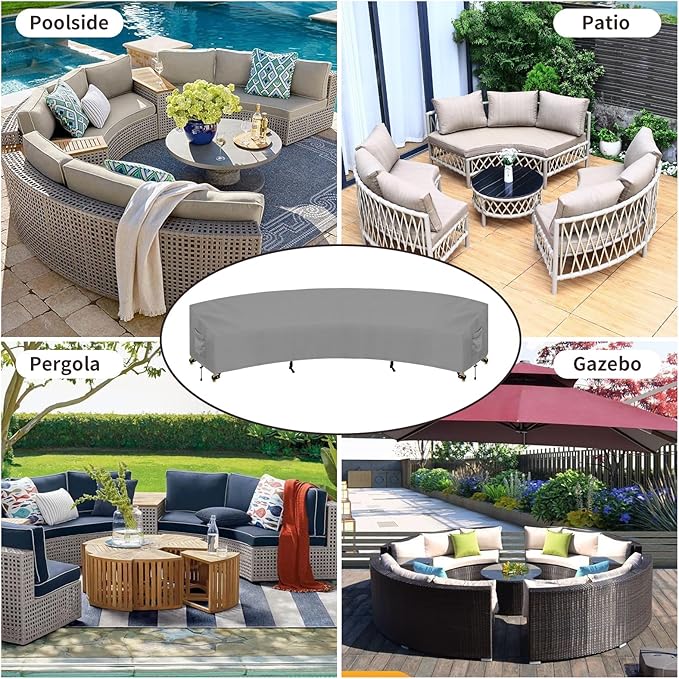 PureFit Outdoor Sectional Sofa Cover Waterproof Curved Patio Furniture Covers for Deck, Lawn and Backyard, 190Lx36Dx39Hx128FL, Grey