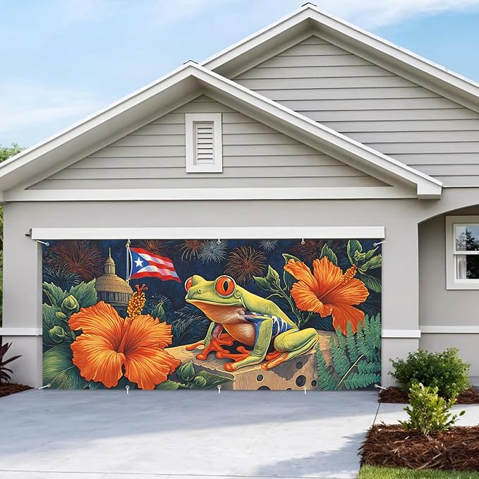7 * 16FT Summer Puerto Rico Garage Door Cover Decorations Sunset Palm Trees Garage Door Banner for Outdoor Indoor Summer Party Photography Backdrop