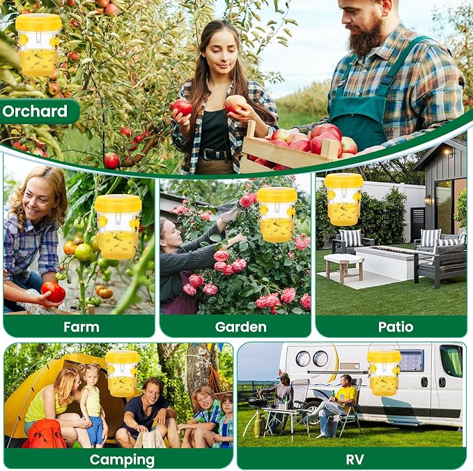 Wasp Trap, Solar Wasp Traps Outdoor Hanging, Reusable Yellow Jacket Hornet Trap with LED Light for Outside Garden, Patio, Orchard, Camping