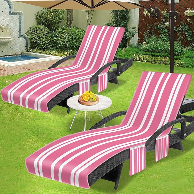 Lounge Chair Towel Cover, Beach Chair Covers (Pack of 2), Chaise Lounge Cover with 3 Pockets for Pool Beach Garden Courtyard Outdoor Trips, 85 x30 in, Striped Pink