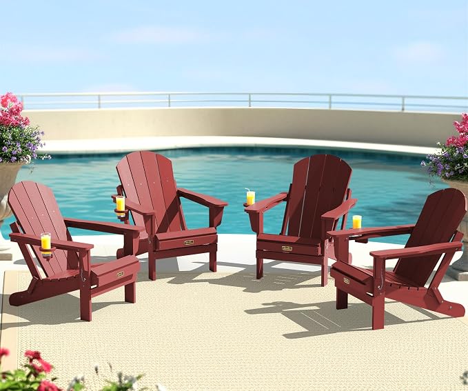SERWALL Foldable Adirondack Chair Set of 2, Weather Resistant HIPS Patio Chairs with Cup Holder for Garden Outdoors Fire Pit Chairs- Red