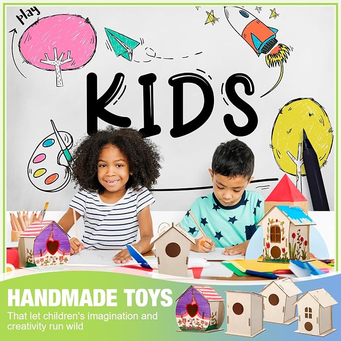 DoubleFill 48 Pcs Bulk Wooden Bird Houses Kits for Kids Mini Bird House for Craft DIY Unfinished Wood Birdhouse to Paint, Build for Children Wooden Arts Classroom Activity, 4 Styles