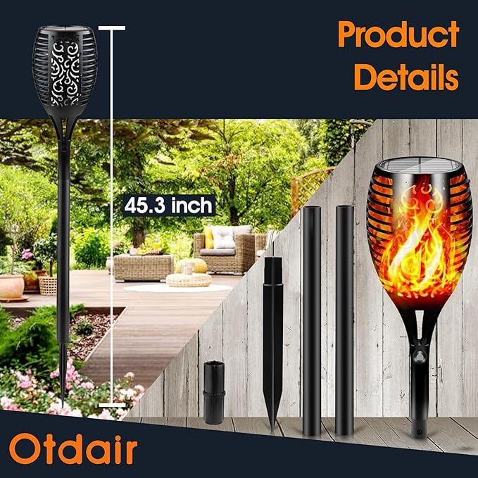 Otdair 96 LED Solar Lights Outdoor Upgraded 6 Pack, 43" Tall & Super Larger Size, Waterproof Tiki Torches for Outside, 2200mAh Solar Solar Torch Light with Flickering Flame for Path Yard Garden