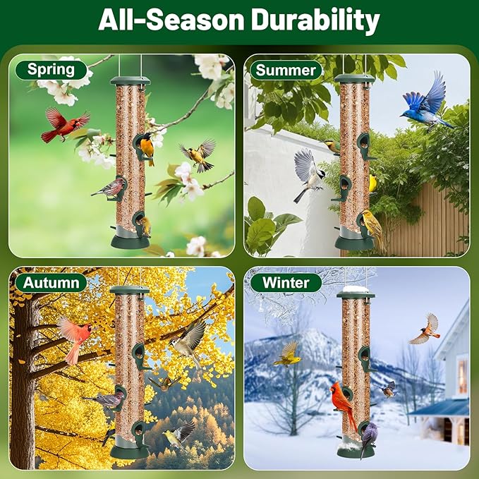 FEED GARDEN 2 Pack Tube Bird Feeders for Outdoors Hanging - Premium Hard Plastic Wild Bird Feeder with 6 Ports, Easy Refill & Clean, 15 Inch, Green