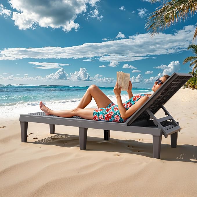 Greesum Outdoor Chaise Lounge Chairs Set of 4 with 5-Position Adjustable Backrest, Waterproof PP Sun Loungers for Garden Pool Beach Patio Deck Sunbathing, Grey