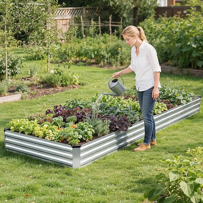 G GOOD GAIN 12x4x1ft Galvanized Raised Garden Bed, Heavy-Duty Metal Planter Boxes Outdoor for Vegetables Flowers Herbs, Silver(1 Pack)