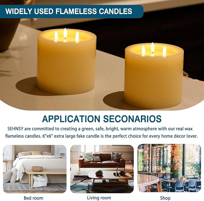 Extra Large Flameless Candles, 6"x6" Battery Operated Candles with Remote, Real Wax 3 Wick Led Candles with 3D Flickering Flame, Fake Candle for Home Decor (Ivory)