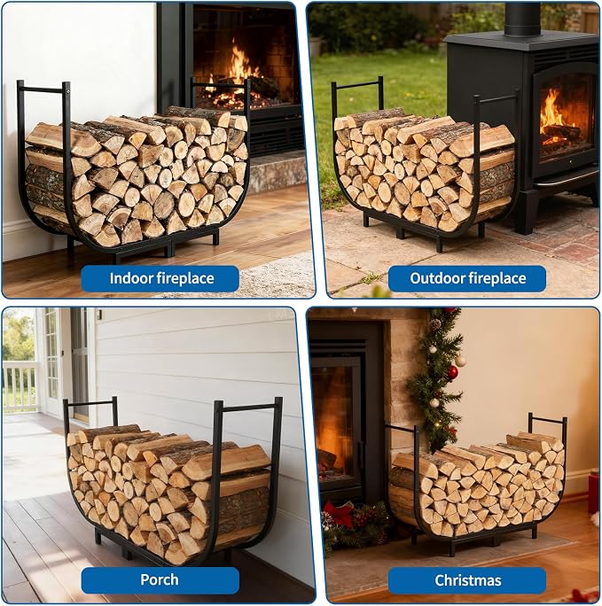 Firewood Rack Outdoor w Thicken Cover, 40 Inch Indoor Large Firewood Rack-Stable Curved Firewood Storage Heavy Duty & Rustproof Metal Log Holder w Hook for X-mas Decoration or Tools Nearby Fireplace