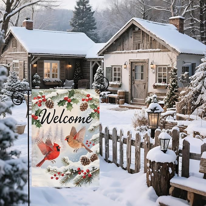 Welcome Winter Garden Flag 12x18 Inch Cardinal Bird Xmas Holiday Seasonal Theme Decorative Yard Flags for Outside Double Sided Outdoor Home Farmhouse Decoration Porch New Year Decor