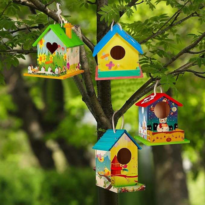 Juexica 4 Pack DIY Birdhouse Kits for Kids Ages 6+ Build and Paint Wooden Bird House Arts and Craft Project with Paint Strips Brushes for Boy Girl Adult Classroom Indoor Outdoor Crafts (Assorted)