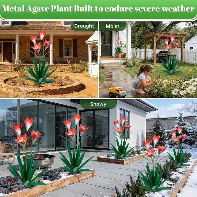 TOMBABY 32.28 Inch Metal Agave Plant Outdoor Decoration Lily Mexican Yard Art Garden Gift Home Decor Hand Painted Metal Agave Garden Yard Statue (2pc, Green)
