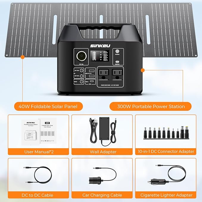 SinKeu Solar Generator with Panels Included - 300W Portable Power Station with 40W Solar Panel,256Wh (80000mAh) LiFePO4 Battery with USB DC AC Outlets for Home, Laptop, RV, Hurricane, Camping