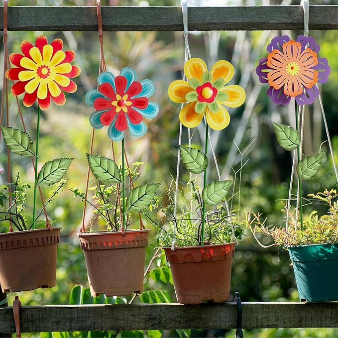 HUTHDAK Metal Flowers for Outside,4 Pack 16.33" Decorative Garden Stakes with Swaying Flowers Head Yard Art,Spring Garden Decor for Lawn, Pathway & Yard
