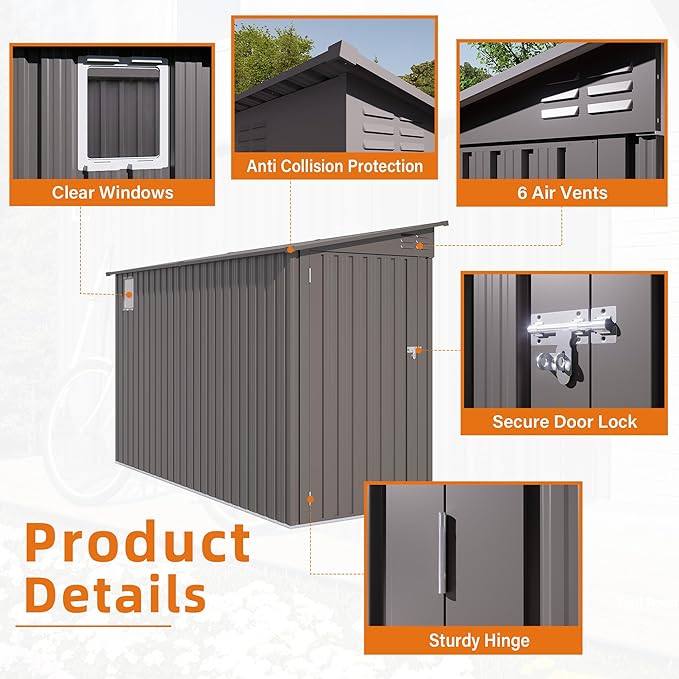 YOPTO 4x9 FT Outdoor Storage Shed,Lean to Metal Shed W/Window,All Weather Waterproof Garden Storage Shed W/ 6 Air Vents & 1 Lockable Door,Weatherproof Tool House W/Sloped Roof,for Lawn,Gray