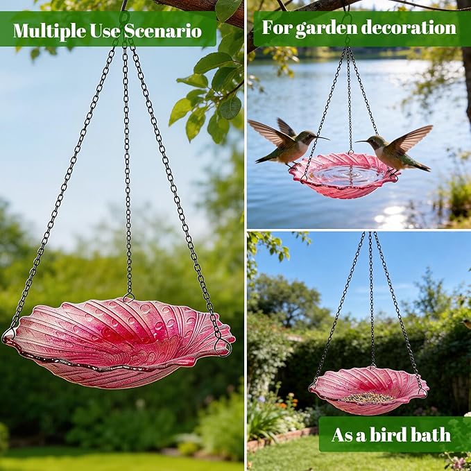 HONGLAND Bird Baths for Outdoors, 11" Pink Glass Birdbaths Outdoor Birdfeeder with Metal Stake