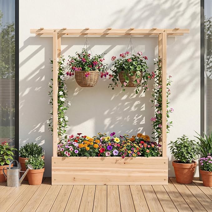 HAPPYGRILL Raised Garden Bed with Trellis & Hanging Roof, 45" Tall Wooden Planter Box with Drainage Holes, Outdoor Wood Elevated Garden Bed for Climbing Plants Vines Vegetables Flowers (Natural,1)