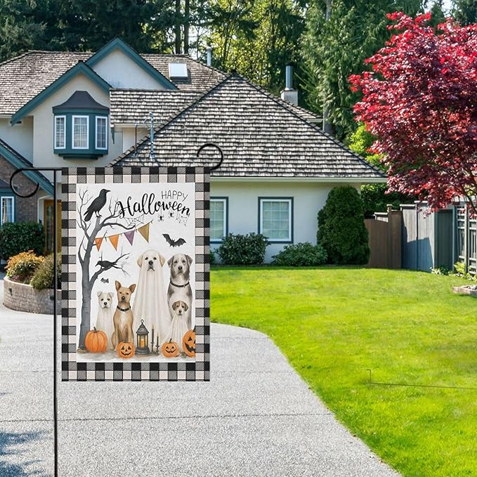 Happy Halloween Dogs House Flag 28x40 Inch Double Sided Outside Pumpkin Lantern Raven Black Buffalo Plaid Seasonal Yard Outdoor Flag Banner for Garden Lawn Patio Holiday Decorations