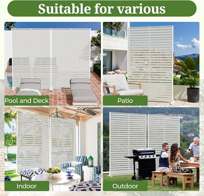 Privacy Screen Outdoor 72" Hx47 W Freestanding Privacy Panel with Stand, HDPE Decorative Privacy Fence with Sandblasting Louver Pattern, Patio Divider Screen, Privacy Screens for Outside
