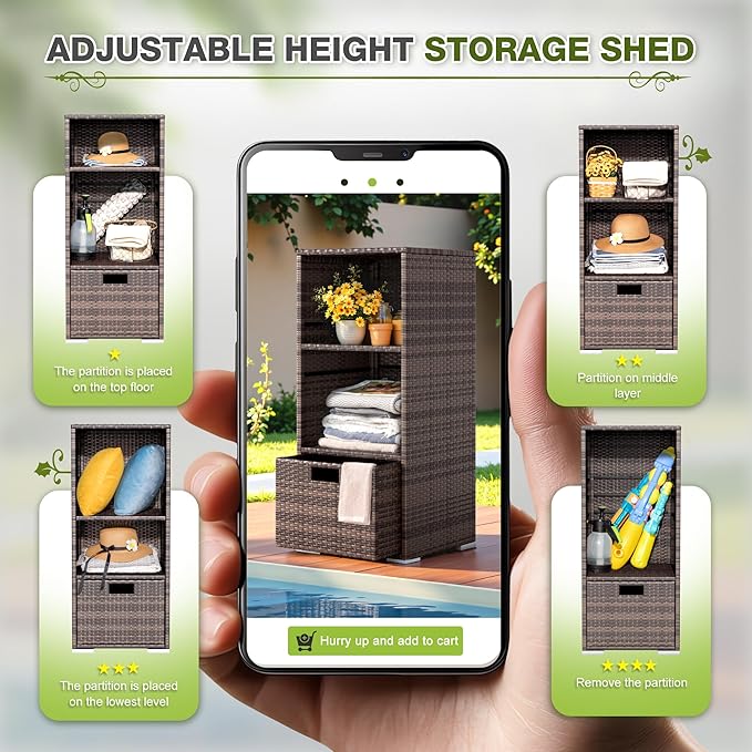 Greesum Rattan Storage Shed, Outdoor Towel Rack with 2 Storage Shelves & 1 Bottom Drawer, Suitable for Pool Patio Garden Deck, Brown