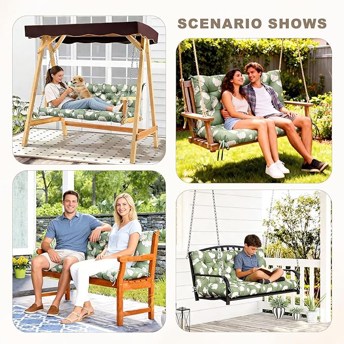 Porch Swing Cushion with Backrest,Waterproof Bench Cushion for Outdoor Furniture,2-3 Seater Replacement Thickened Swing Cushion with Ties,Patio,Outdoor,Backyard and Garden (Ginkgo Breeze,47x40")
