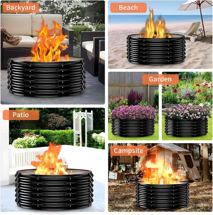 39 Inch Heavy Duty Fire Pit Ring for Outside, 17" Deep Wood Burning Fire Pit Insert for Backyard Fires, High Heat Resistant Galvanized Steel Firepit for Patio, Camping, Outdoor Fireplace & Bonfires