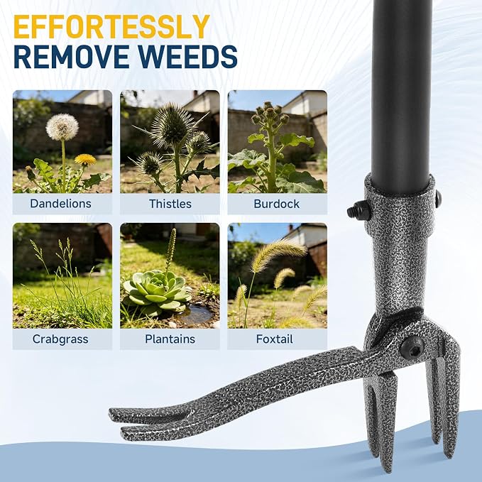 Stand Up Weed Puller Tool, 46" Adjustable Long Handle with 4-Claw Steel Head, Heavy Duty Weeder for Effortless Root Removal, No Bending or Kneeling