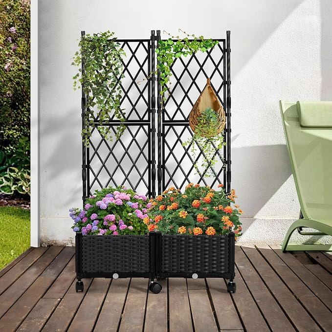 FOLLOOK Planter Box with Trellis, 4ft Tall Self-Watering Plastic Raised Garden Beds and Lattice Trellis with Lockable Wheels & Drain Plug for Outdoor Patio Backyard Balcony, Black, 2 Pcs