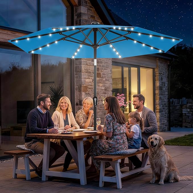 AreShark 9FT Patio Umbrella with Solar Lights, 32 Lighted Pool Umbrella w/Tilt and Crank, Outdoor Market Solar Umbrellas for Garden, Deck, Backyard, Pool and Beach, Royal Blue