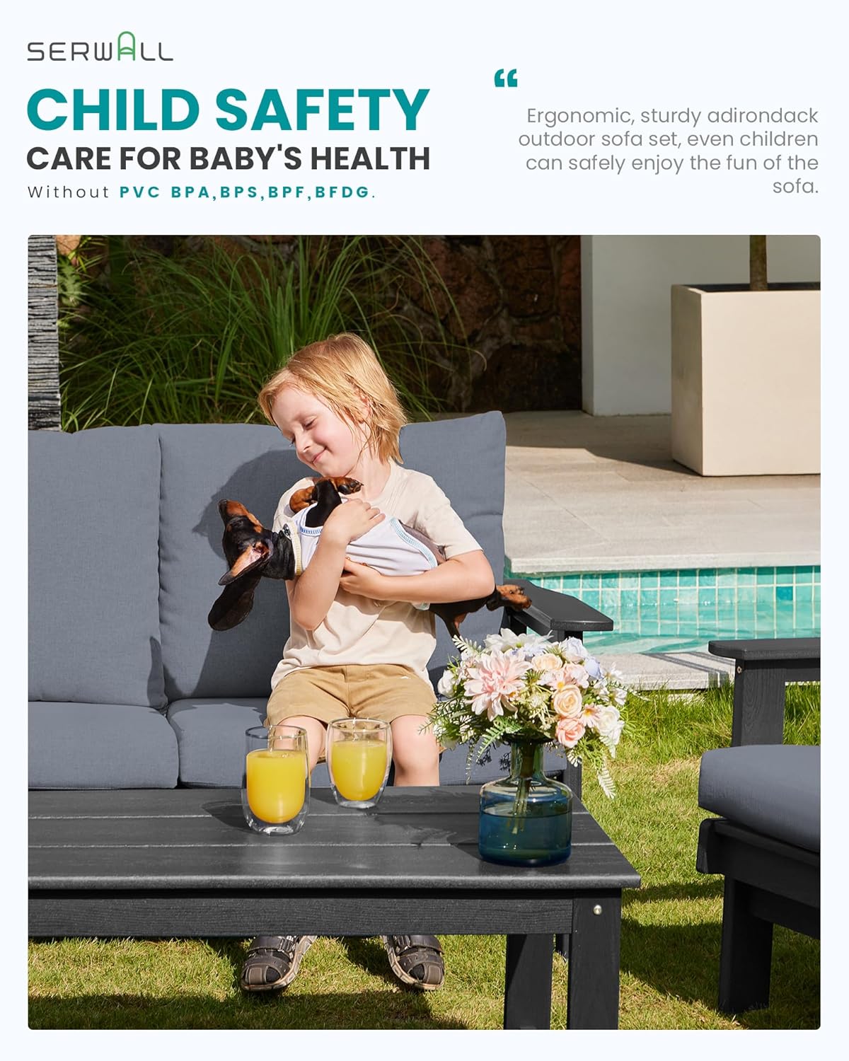 SERWALL HDPE Outdoor Couch Set of 2, Grey Frame and Grey Cushion