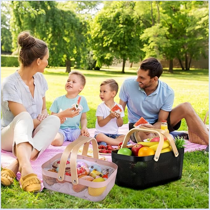 3pcs Collapsible Wooden Handle Plastic Harvest Basket - Rectangular Garden Storage Basket for Picking and Collecting Vegetables, Fruits - Ideal for Garden Cabinets & Outdoor Use (Pink)